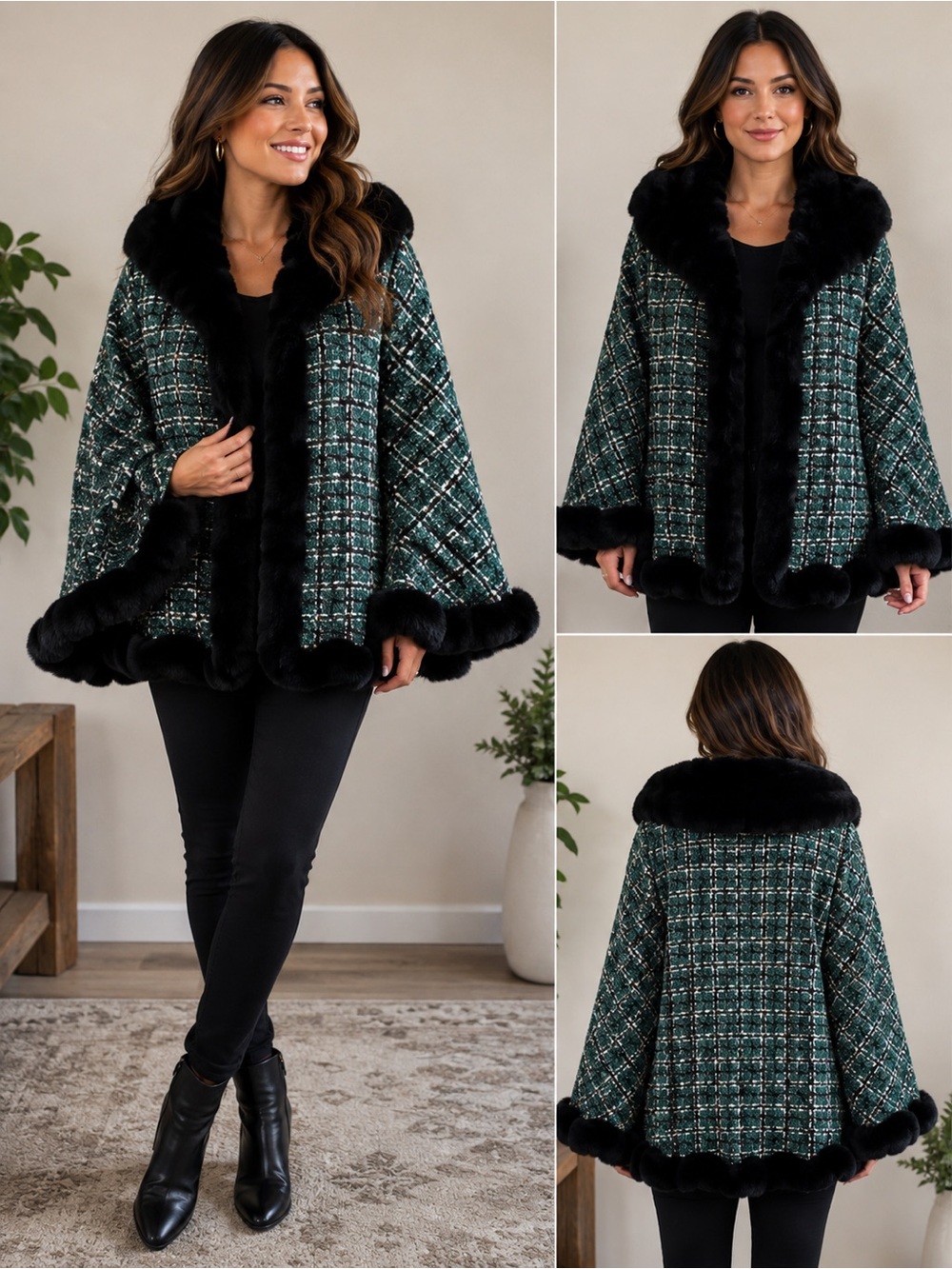 Vince Camuto Green Plaid Cape with Black Faux Fur Trim SZ One Size